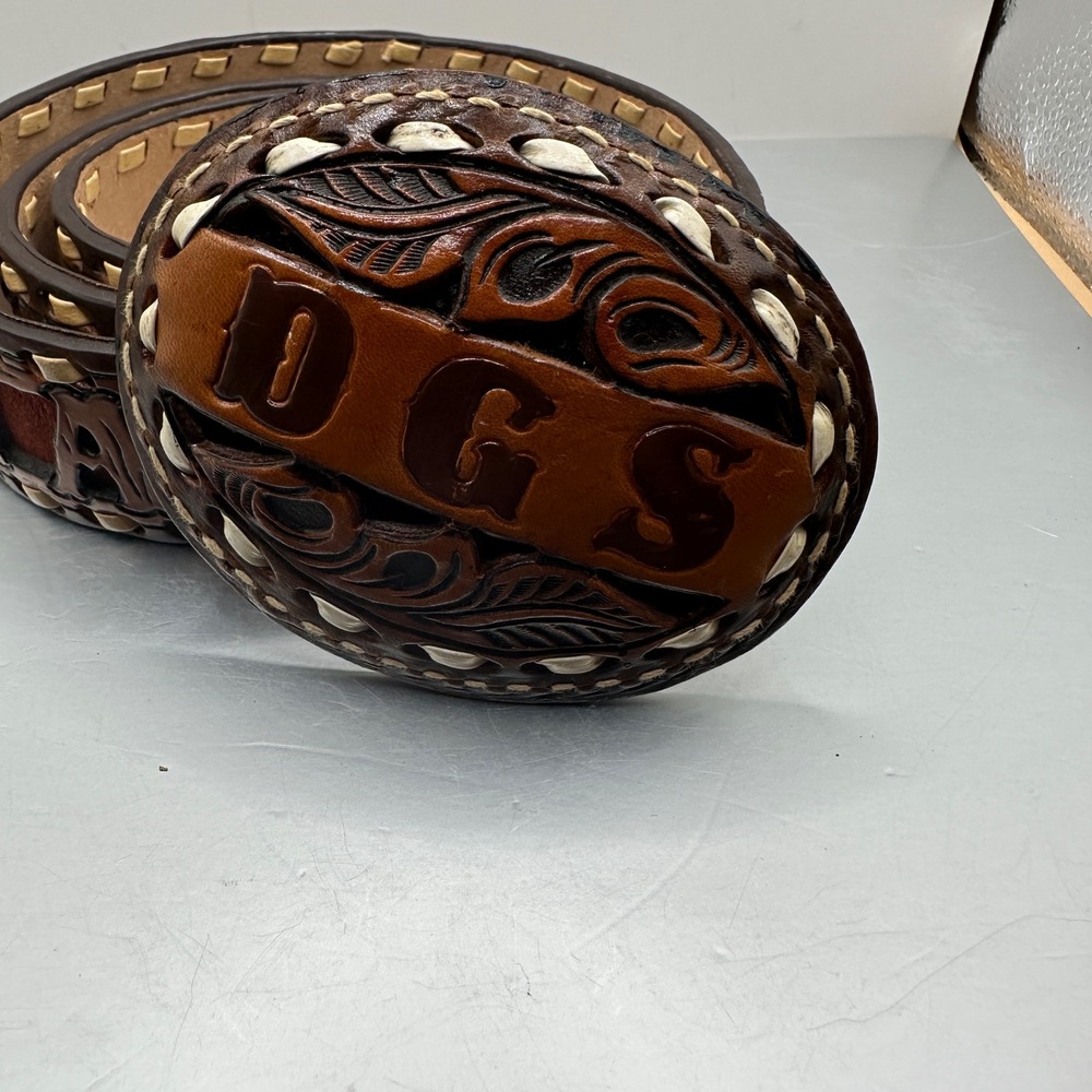 Vintage 1983 Gayle Summarell Hand Tooled Leather Belt Buckle Diana DGS Brown 34 - Picture 2 of 10